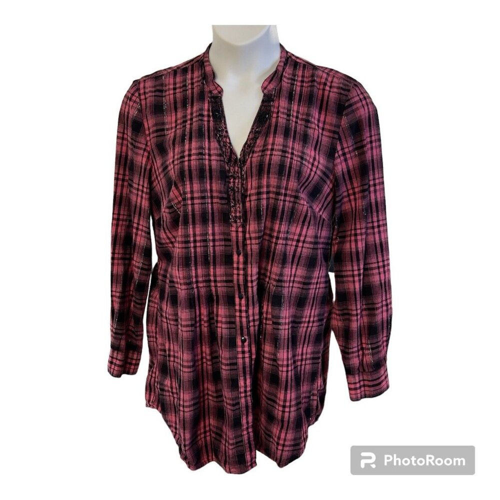 Style & Co Plaid Pleated Tunic Top Beaded Neck Button Front Tie Metallic Thread